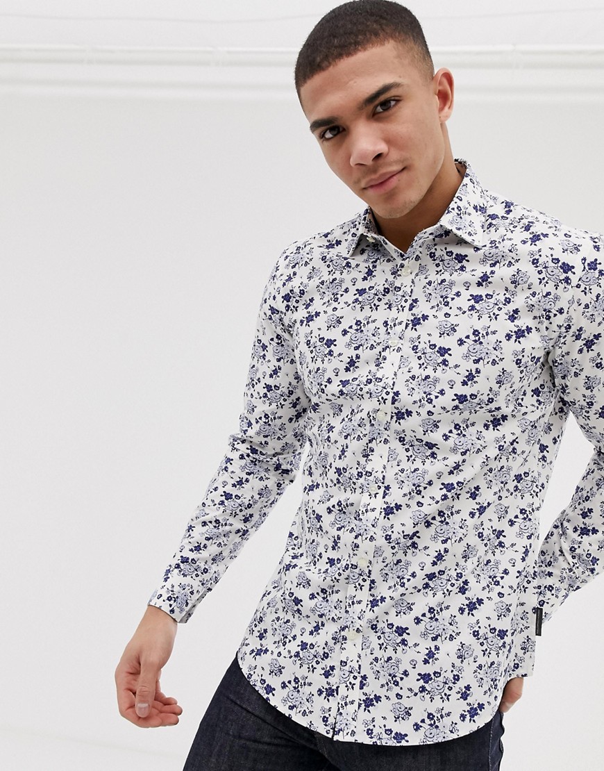 French Connection - Slim-fit overhemd met grote bloemenprint-Blauw