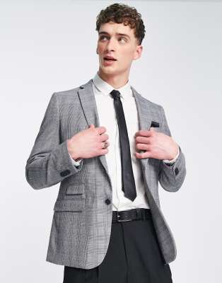 French Connection slim fit prince of wales check suit jacket-Gray