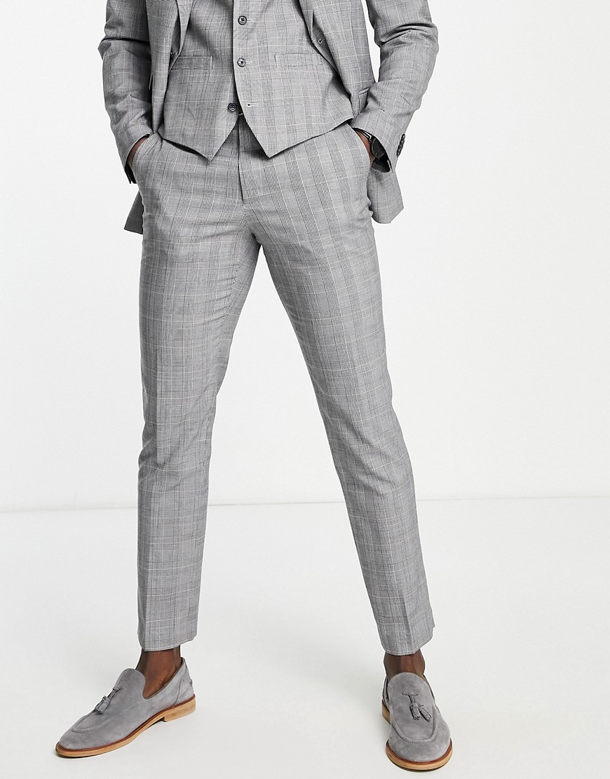 French Connection Slim Fit Prince Of Wales Check Trousers-Grey