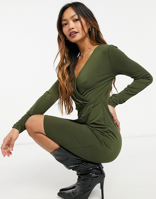 French Connection slinky wrap dress in olive
