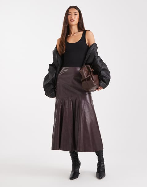 French Connection PU fluted midi skirt in plum
