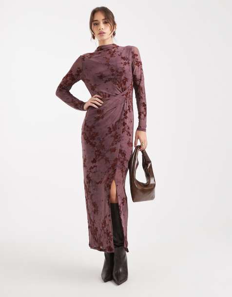 French Connection high neck mesh midi dress with velvet burnout in plum