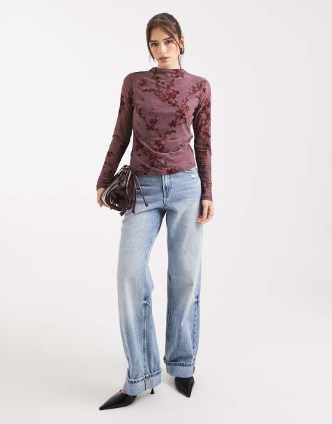 French Connection high neck mesh top with velvet burnout in plum