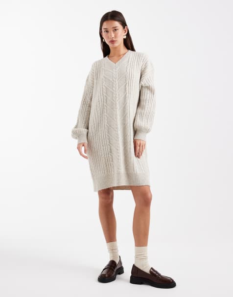 French Connection slouchy cable knit mini jumper dress in pebble - view 1