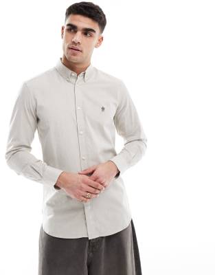 French Connection smart fitted long sleeve logo shirt in stone-Neutral