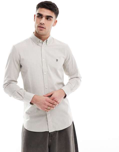 French Connection smart fitted long sleeve logo shirt in stone - view 1