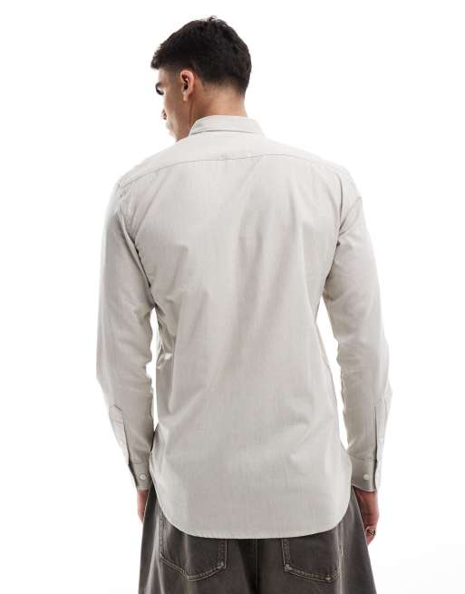 French Connection smart fitted long sleeve logo shirt in stone, 2 of 4