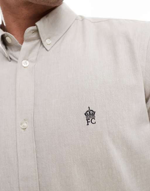 French Connection smart fitted long sleeve logo shirt in stone, 3 of 4