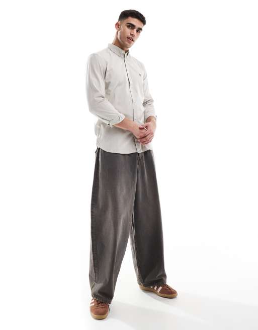 French Connection smart fitted long sleeve logo shirt in stone, 4 of 4