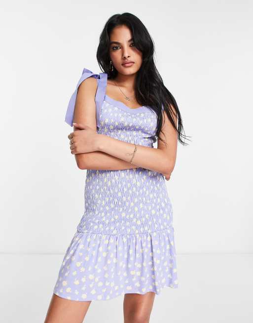 Blue Ditsy Floral Print Shirred Dress