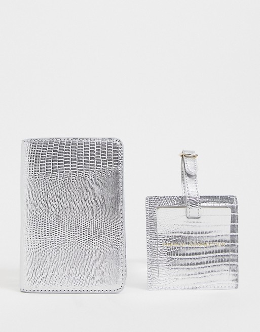 French Connection snake passport holder and luggage tag set in silver