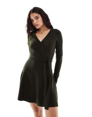 soft knit wrap mini skater dress in khaki-Green