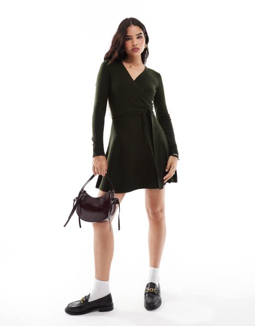 French Connection soft knitted wrap mini skater dress in khaki, 2 of 4