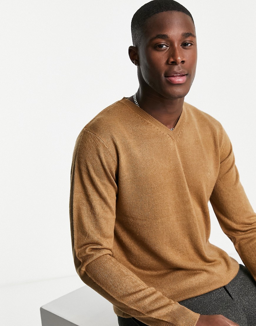 French Connection soft touch logo v-neck jumper in camel-Neutral