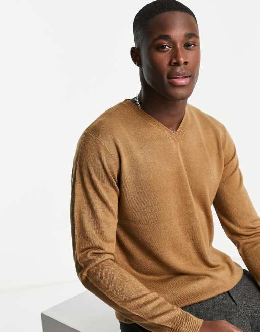 French Connection soft touch logo V neck sweater in camel ASOS