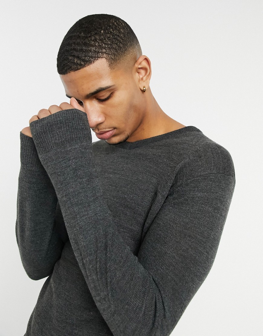 French Connection soft touch v neck knit sweater in dark gray-Grey