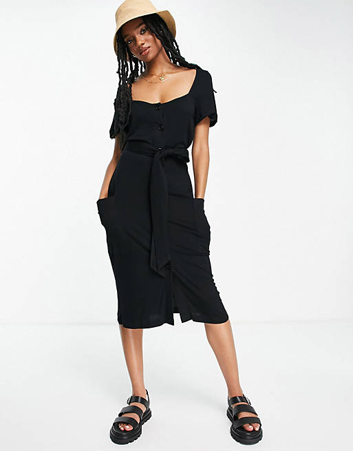 French Connection square neck button down jersey dress in black | ASOS