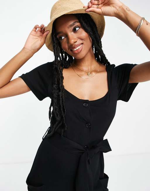 French Connection square neck button down jersey dress in black ASOS