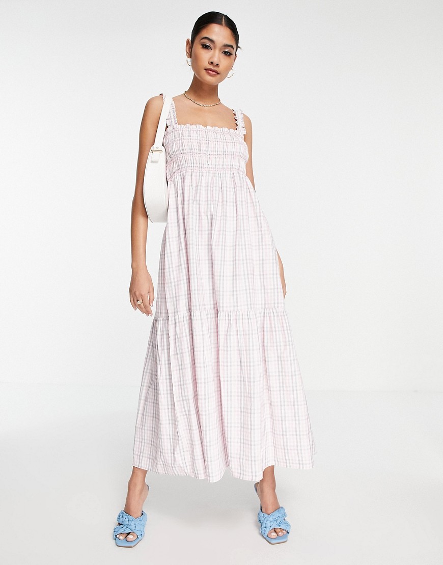 French Connection Square Neck Maxi Picnic Dress In Pink Check