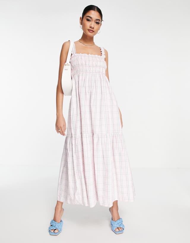 French Connection square neck maxi picnic dress in pink check