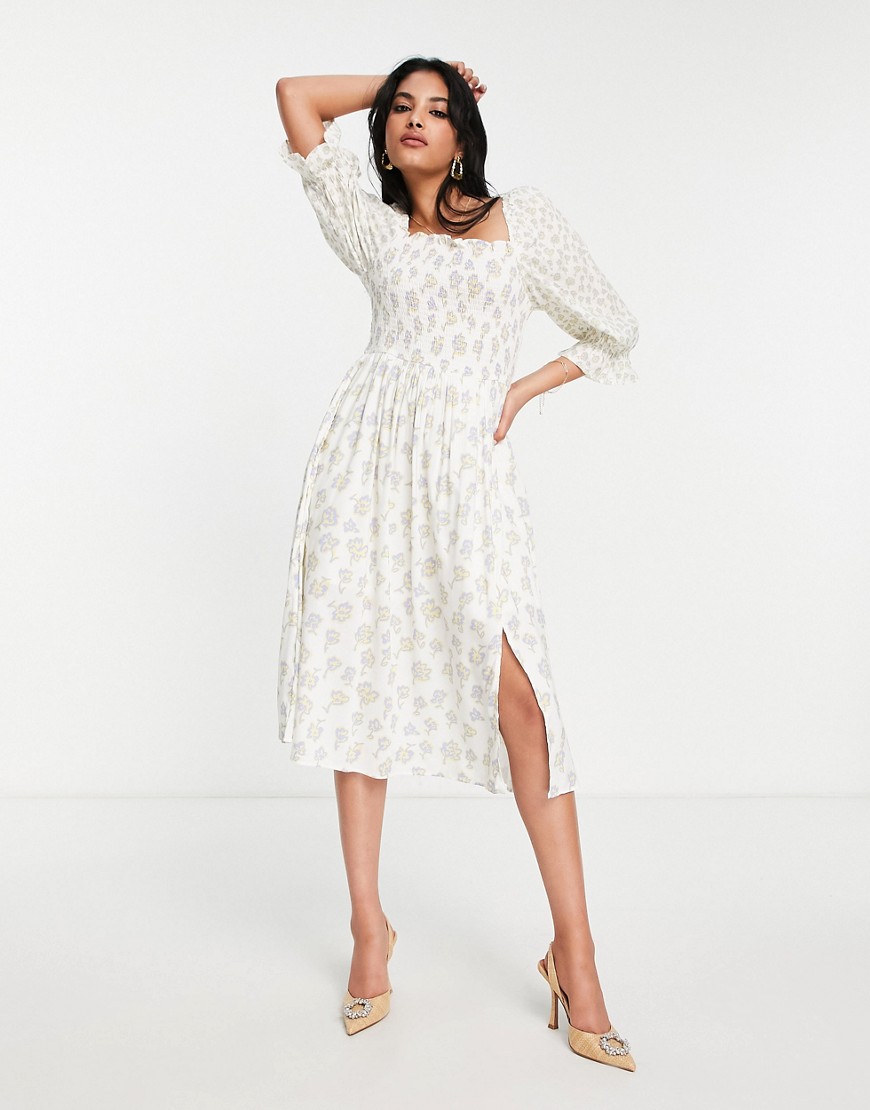 French Connection square neck midi tea dress in tonal floral-Neutral