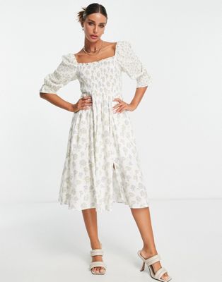 French Connection Square Neck Midi Tea Dress In Tonal Floral-neutral In White