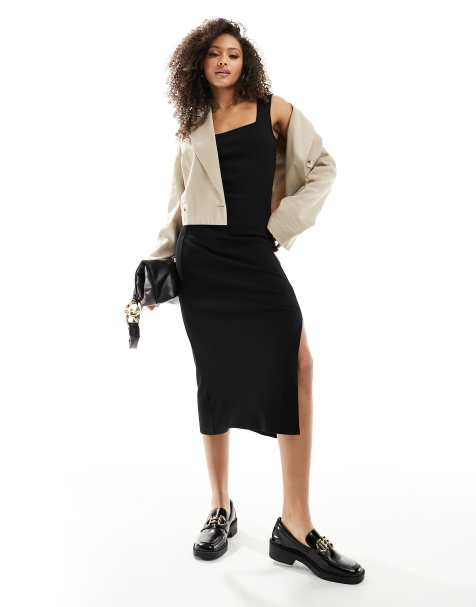 French Connection square neck rib midi dress in black - view 1
