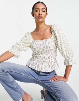 French Connection square neck smock top in tonal floral