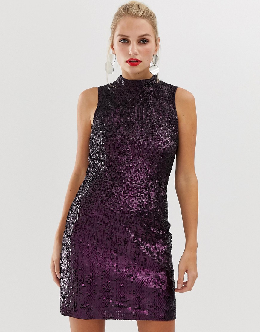 French Connection Starlight sequined high neck dress-Purple