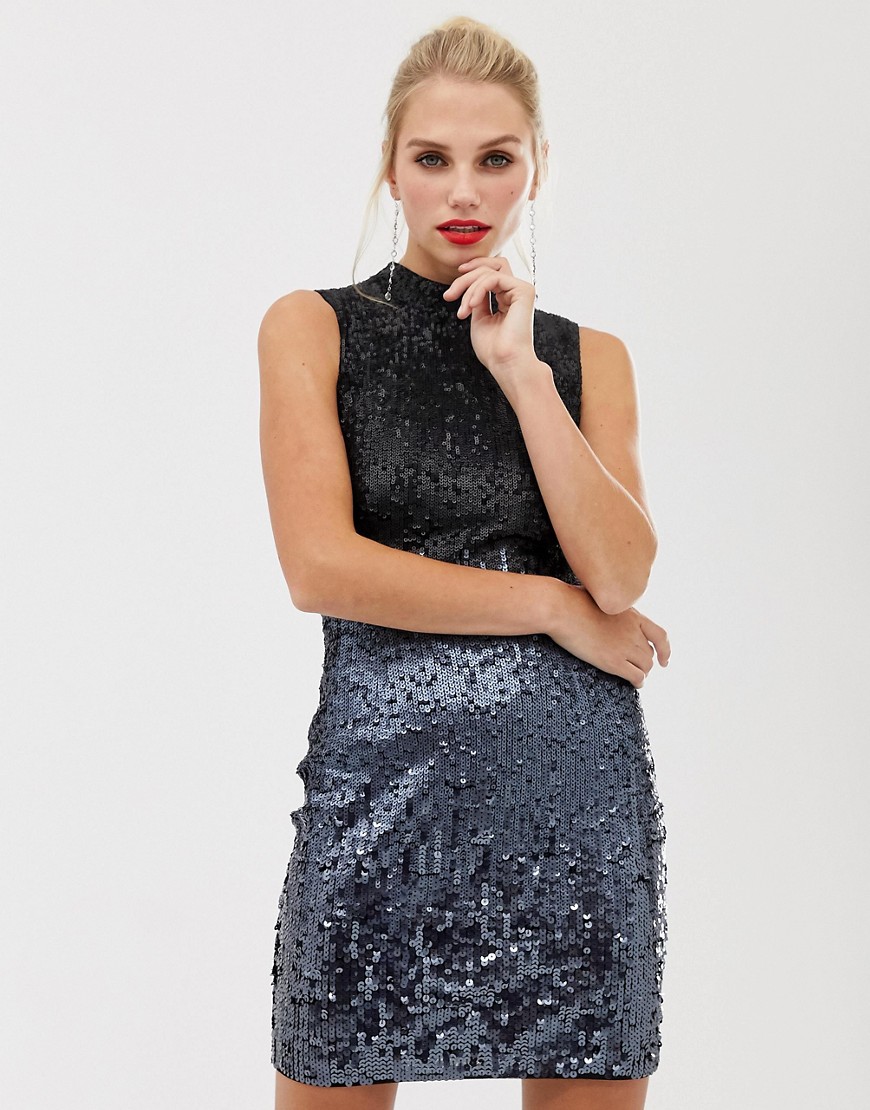 French Connection Starlight sequined high neck dress-Black