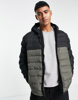 French Connection contrast puffer jacket with hood in black & khaki - ASOS Price Checker