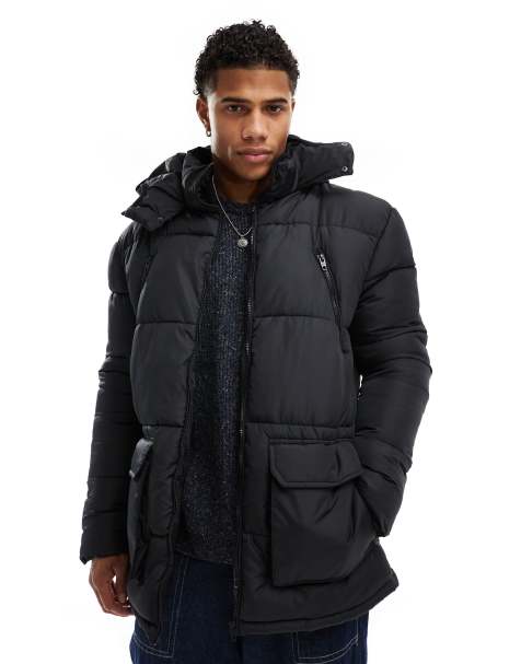 French Connection – Steppjacke in Schwarz mit Kapuze und Taschen - view 1