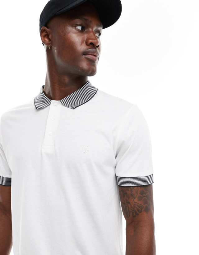 French Connection Mens - French Connection stripe collar polo in white