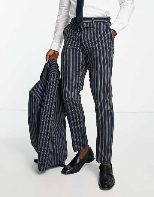 French Connection stripe linen suit pants in navy