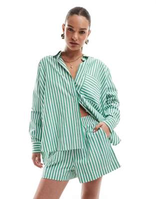 French Connection French Connection stripe popover button shirt co-ord in green and white-Multi