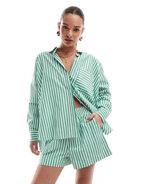 French Connection stripe popover button shirt co-ord in green and white - view 1