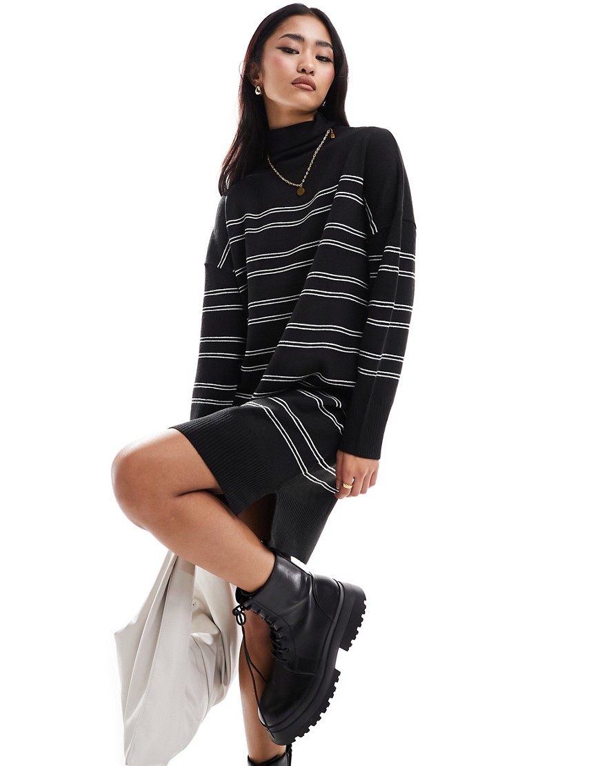 French Connection striped high neck knitted dress in black and white-Multi