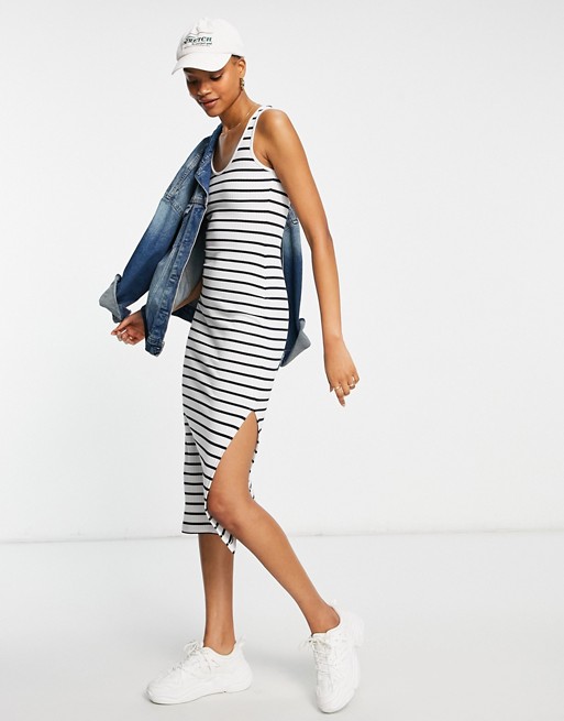 French Connection striped jersey midi dress in black and white