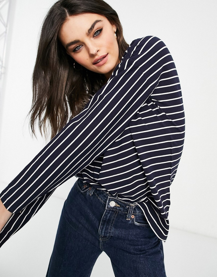 French Connection striped long sleeve t-shirt in utility blue and cream-Multi