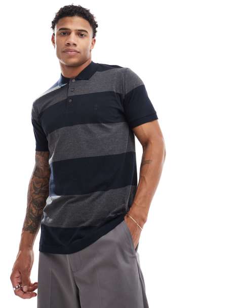 French Connection striped polo shirt in navy and charcoal - view 1