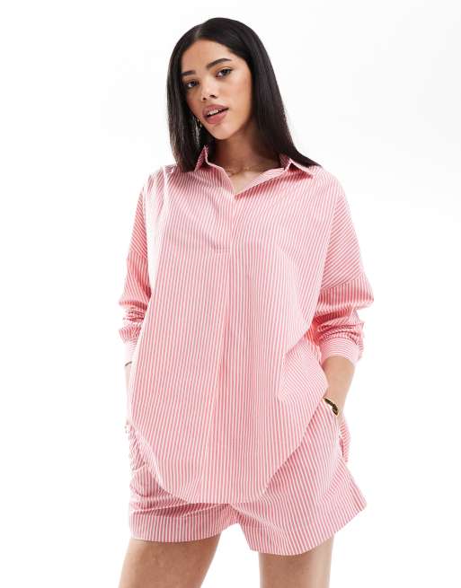 French Connection striped poplin shorts in pink and white -set