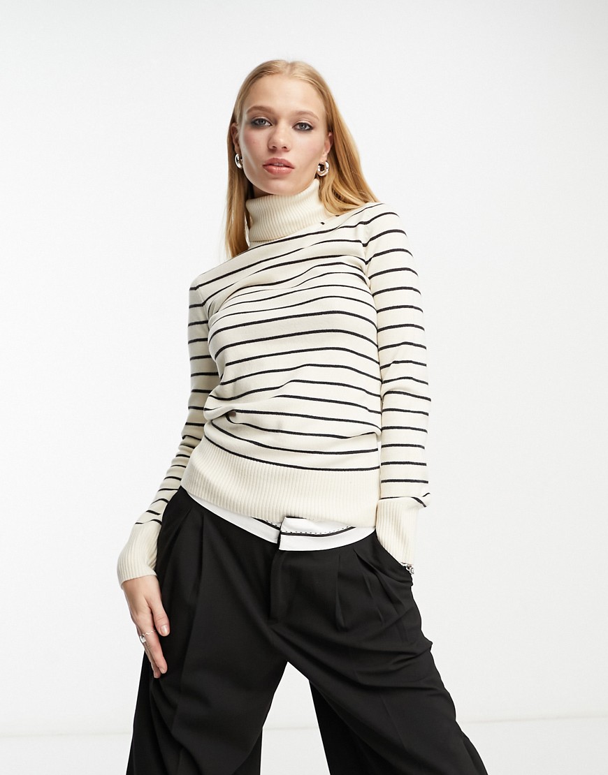 French Connection striped roll neck jumper in cream with navy blue stripes-Multi