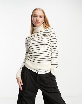 French Connection striped roll neck jumper in cream with navy blue stripes