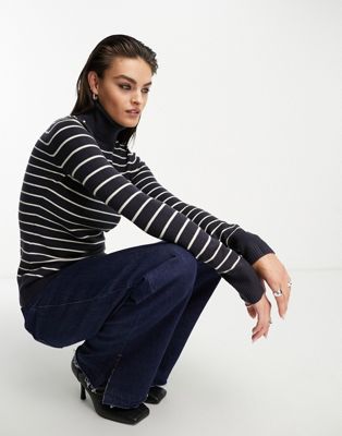 French Connection striped roll neck jumper in navy blue with cream stripes