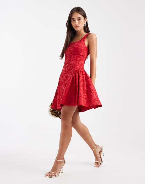 French Connection – Strukturiertes Jacquard-Minikleid in Rot mit tiefer Taille - view 1