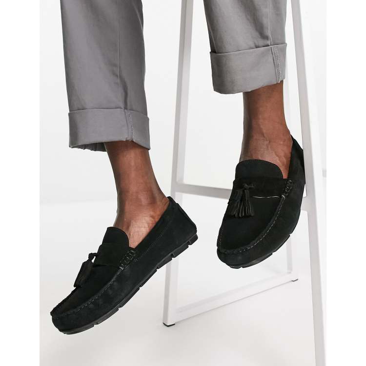 French Connection suede tassel driver shoes in black ASOS