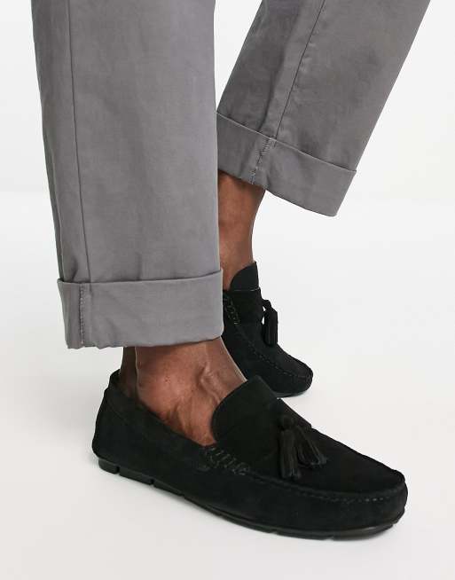 French Connection suede tassel driver shoes in black ASOS