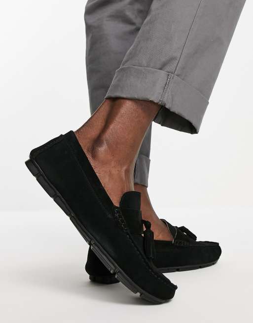 French Connection suede tassel driver shoes in black ASOS