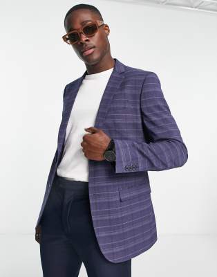 French Connection Suit Jacket In Marine Plaid-navy