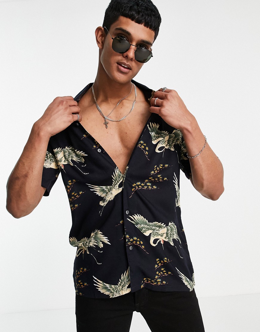French Connection swan print shirt with revere collar in navy-Blue